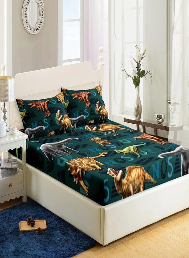 AILONEN 3D Dinosaur Fitted Sheet Twin Size, Cartoon Dinosaur Bedding Set Bed Sheet Set,Green Theme Bedsheets Set 3 PCS,1 Fitted Sheet and 2 Pillowcases - Image 3
