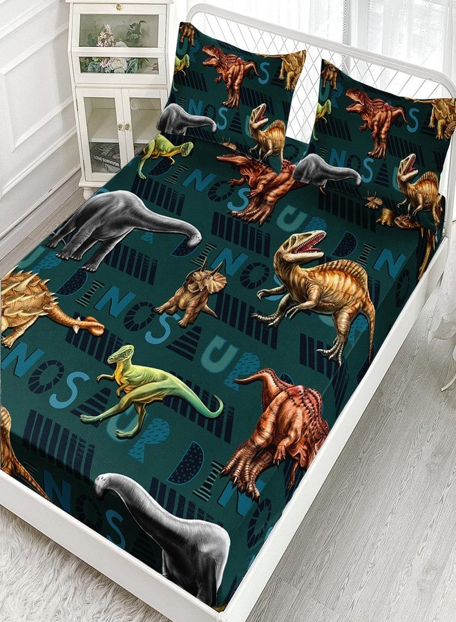 AILONEN 3D Dinosaur Fitted Sheet Twin Size, Cartoon Dinosaur Bedding Set Bed Sheet Set,Green Theme Bedsheets Set 3 PCS,1 Fitted Sheet and 2 Pillowcases - Image 2