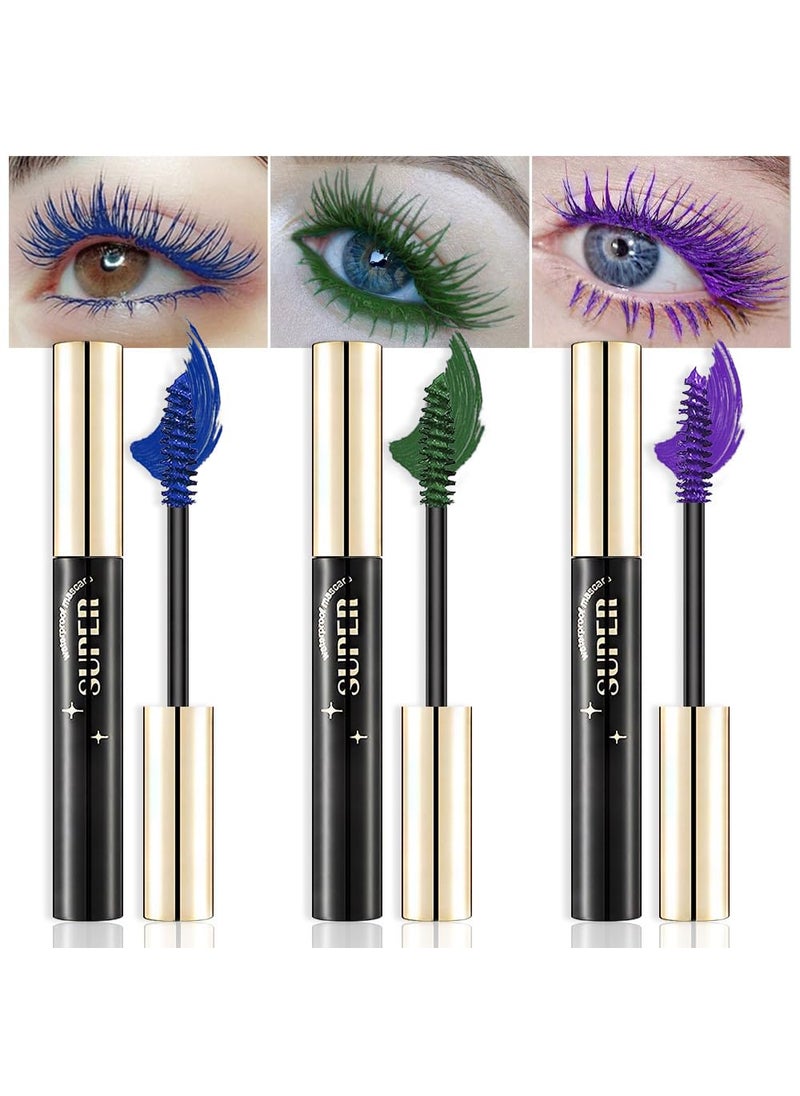 BINGBRUSH Colored Colorful Waterproof Mascara for Eyelashes Set,Blue White Black Brown Purple Long lasting Charming Voluminous Cruelty Free Vegan Eye Makeup (A-3Pcs 02#Blue&04#Green&08#Purple, A) 