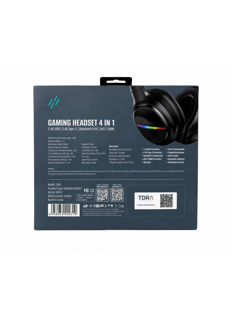HEATZ سماعة الألعاب Heatz ZG31 4 في 1، لاسلكية وسلكية، بلوتوث 6.0/2.4G/AUX، ميكروفون قابل للطي، إضاءة RGB - أسود - Image 2