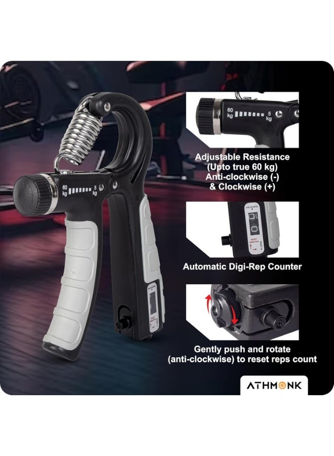 Generic Athmonk Hand Grip Strengthener Gripper With Rep Counter Fingers Exercise Workout - Physiotherapy Paralysis Recovery - Gym Forearm Wrist Arm Wrestling Trainer - Steel Spring - 60 kg Adjustable - Grey  - Image 3