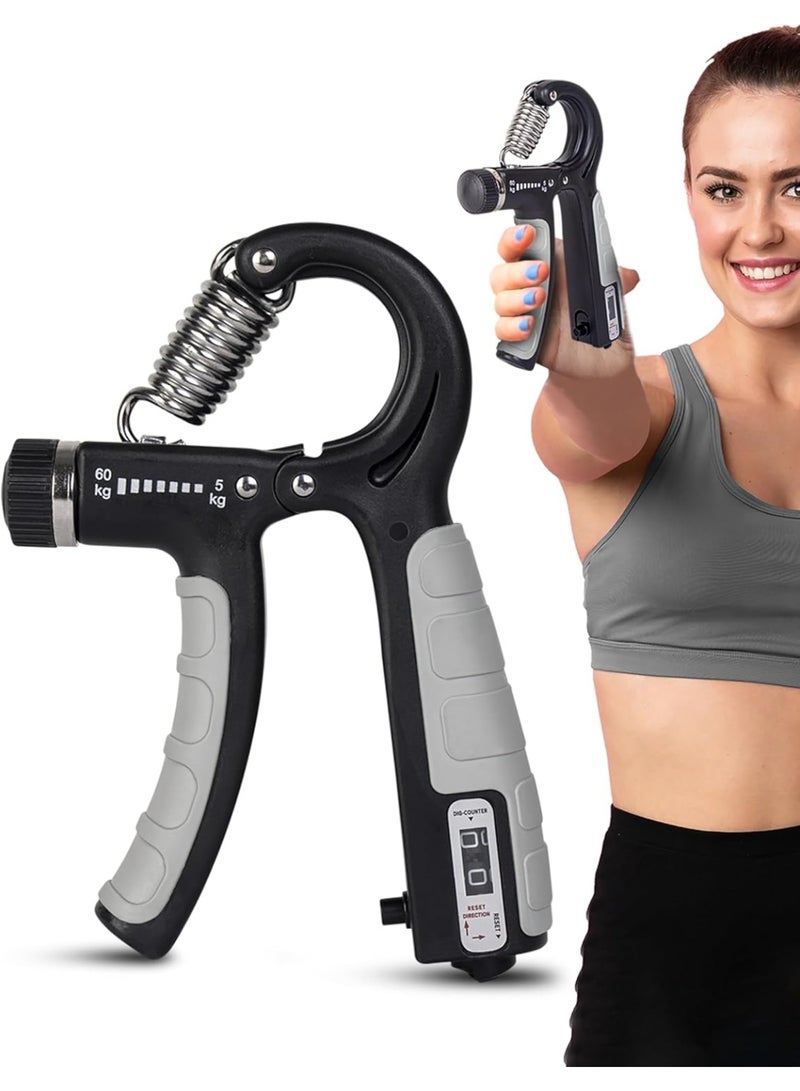 Generic Athmonk Hand Grip Strengthener Gripper With Rep Counter Fingers Exercise Workout - Physiotherapy Paralysis Recovery - Gym Forearm Wrist Arm Wrestling Trainer - Steel Spring - 60 kg Adjustable - Grey  - Image 1