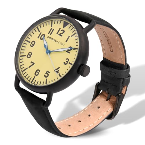 chotovelli Men’s Flieger Pilot Watch - Beige B-uhr Dial, Domed Crystal, Black Leather Strap (Tipo.3) - Image 2