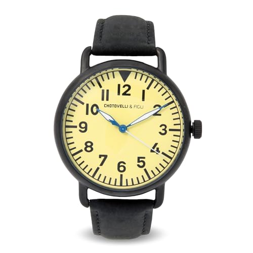 chotovelli Men’s Flieger Pilot Watch - Beige B-uhr Dial, Domed Crystal, Black Leather Strap (Tipo.3) - Image 1