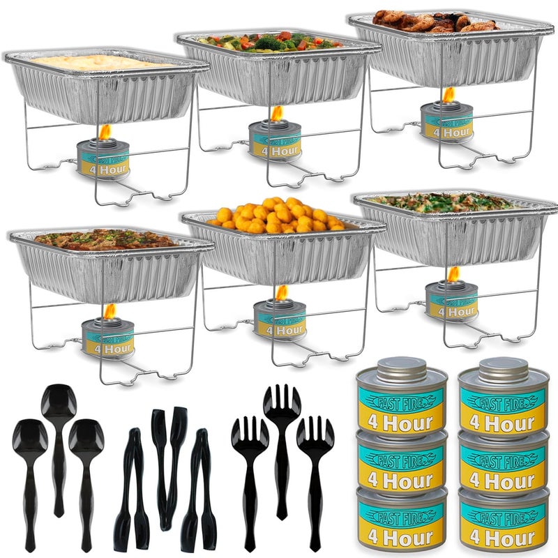 Pelto Disposable Chafing Dish Buffet Set  6 Pack Half Size Standard 10 38 x 12 34 Patented Foldable Wire Racks 4Hour Fuel Cans Aluminum Food  Water Pans Serving Utensils Reusable or Disposable - Image 3
