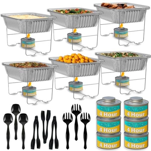 Pelto Disposable Chafing Dish Buffet Set  6 Pack Half Size Standard 10 38 x 12 34 Patented Foldable Wire Racks 4Hour Fuel Cans Aluminum Food  Water Pans Serving Utensils Reusable or Disposable - Image 1