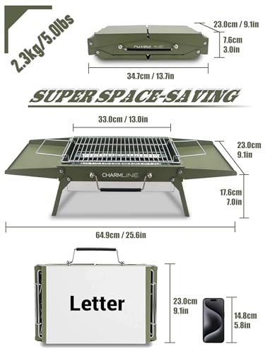 Charmline 14x9inch Small Foldable Portable Charcoal Grill, Compact Portable Grill for Outdoor, Charcoal Grills for Camping, Picnics, Gardens and Beach Parties, Liftable Grilling Net, Green - Image 2