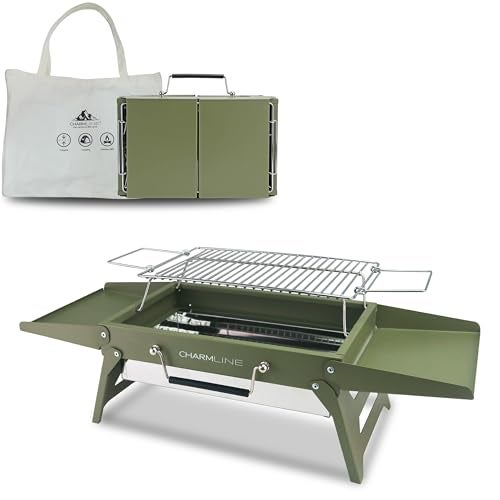 Charmline 14x9inch Small Foldable Portable Charcoal Grill, Compact Portable Grill for Outdoor, Charcoal Grills for Camping, Picnics, Gardens and Beach Parties, Liftable Grilling Net, Green - Image 1