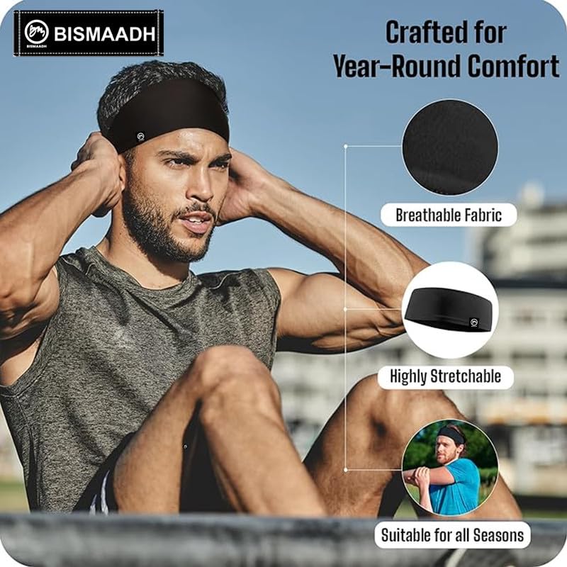 BISMAADH Men's Spandex Headband Sweatband & Sports Headband for Running, Cycling, Yoga, Exercise - Stretchy & Moisture Wicking Free Size - Image 5
