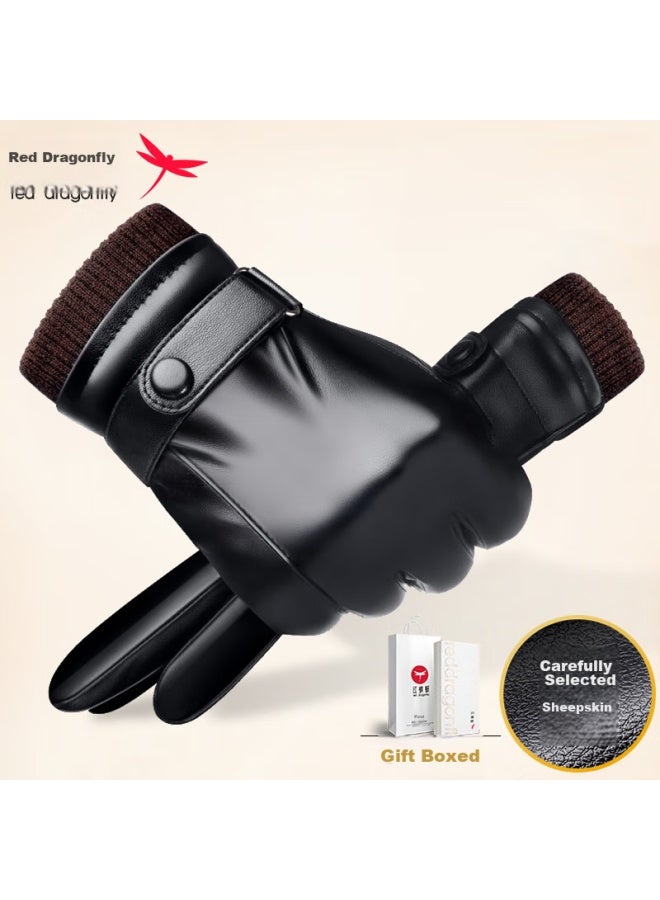 RED DRAGONFLY Hongqingting Genuine Leather Gloves For Men, Winter Riding Warm Motorcycle Driving Windproof Water-resistant Fleece-lined Thickened Touchscreen Sheepskin Gloves, Fleece-lined Thickened Sheepskin Gloves - XL Size - Image 1