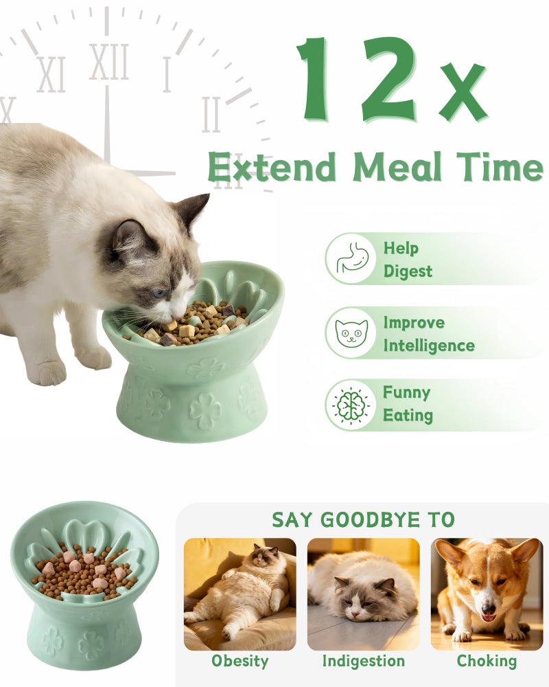 TRUVIC Ceramic Slow Feeder Cat Bowl, 15Â° Tilted Elevated Cat Slow Eating Bowl for Neck Protection, Anti Vomiting Dog Slow Feeder, Whisker Friendly & No Black Chin for Cats and Small Dogs, Green - Image 3