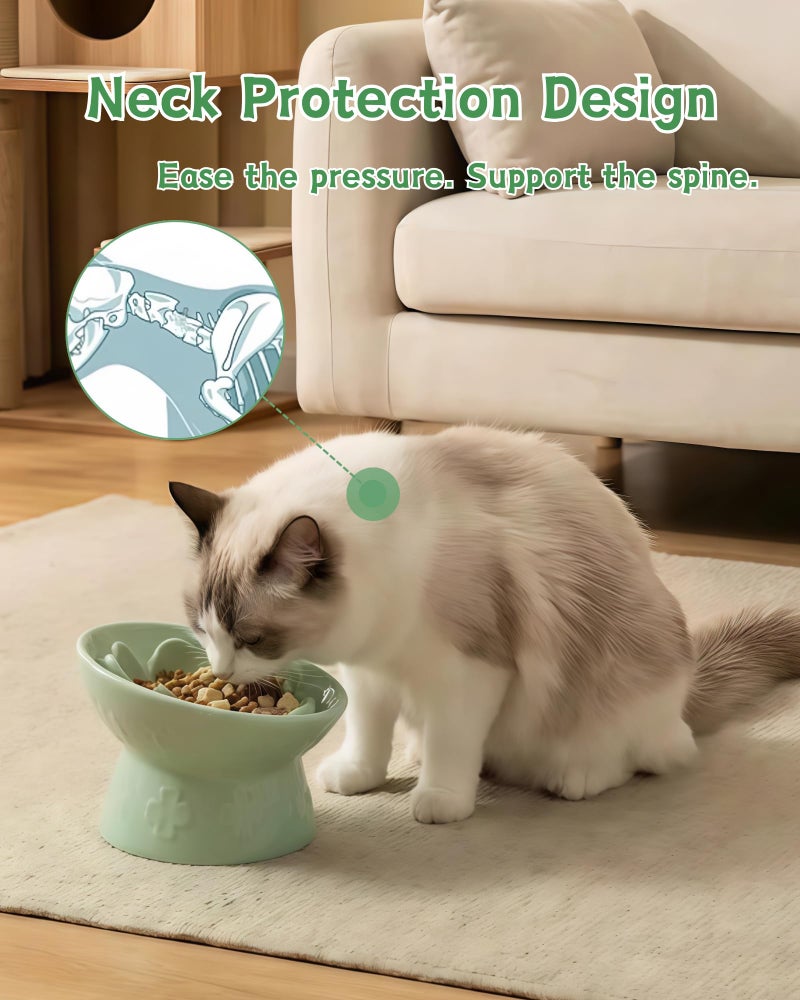 TRUVIC Ceramic Slow Feeder Cat Bowl, 15Â° Tilted Elevated Cat Slow Eating Bowl for Neck Protection, Anti Vomiting Dog Slow Feeder, Whisker Friendly & No Black Chin for Cats and Small Dogs, Green - Image 2