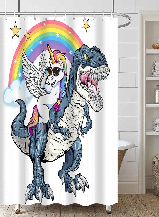 iTapnoom Funny Unicorn Riding Dinosaur Shower Curtain, Cool Cute Cartoon Space Colorful Rainbow Fantasy Galaxy Shower Curtains for Kids Boys Girls Bathroom Set Decor, Waterproof Durable with 12 Hooks, 72x72 - Image 4