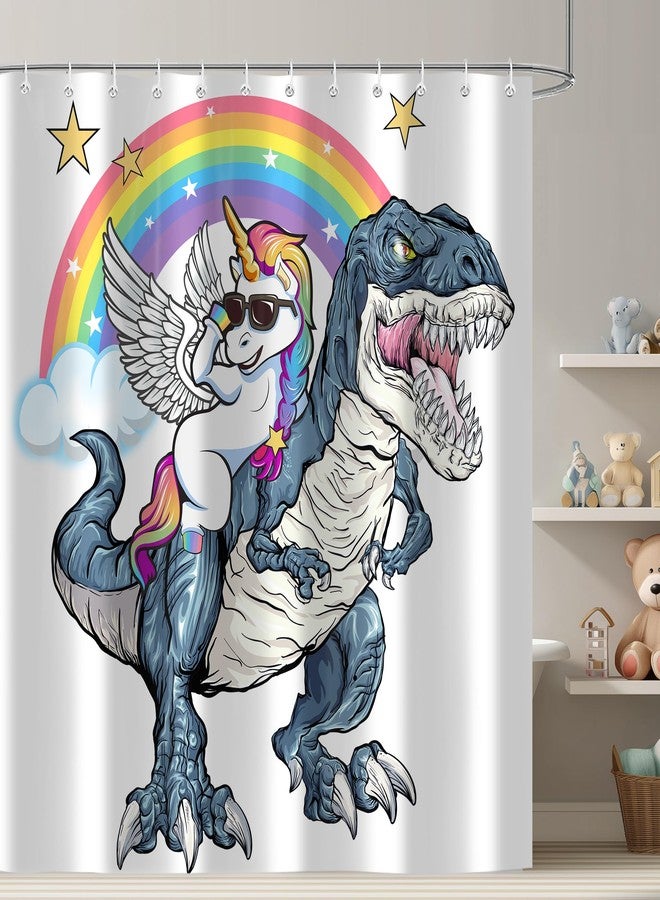 iTapnoom Funny Unicorn Riding Dinosaur Shower Curtain, Cool Cute Cartoon Space Colorful Rainbow Fantasy Galaxy Shower Curtains for Kids Boys Girls Bathroom Set Decor, Waterproof Durable with 12 Hooks, 72x72 - Image 1