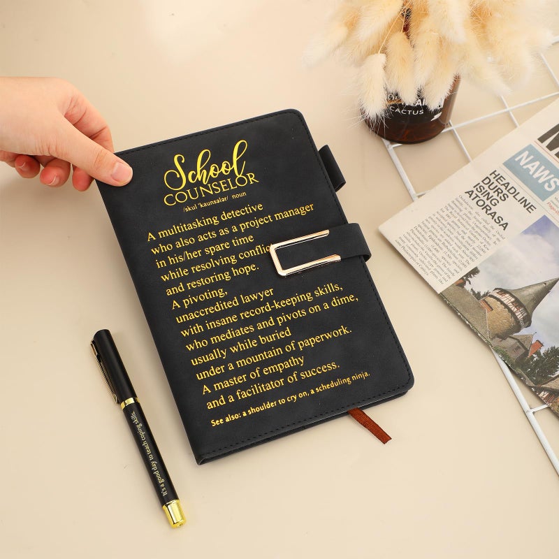 Noveread 1 Set School Counselor Gifts Leather Notebook Pen with Gift Box Appreciation Gifts for School Counseling Week Teachers Day Christmas(Black, Gold) - Image 4