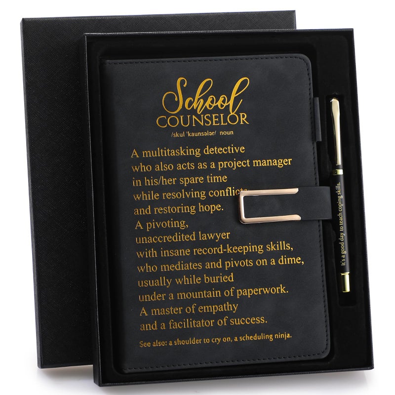 Noveread 1 Set School Counselor Gifts Leather Notebook Pen with Gift Box Appreciation Gifts for School Counseling Week Teachers Day Christmas(Black, Gold) - Image 1