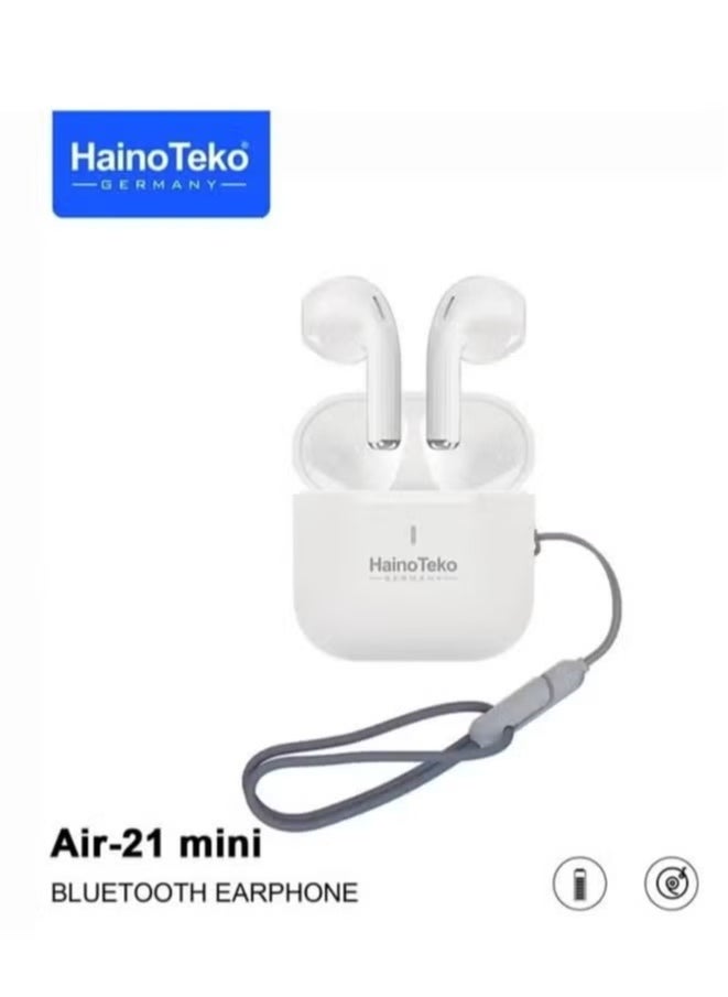 Haino Teko - Wireless AIR-21 In-Ear Bluetooth Earphones – Premium Sound, Comfortable Fit, Free Cover with Hook, Original Quality, Compatible with iOS and Android Devices – Sleek White Design, Sweatproof, High-Performance Audio, Long Battery Life - Image 1