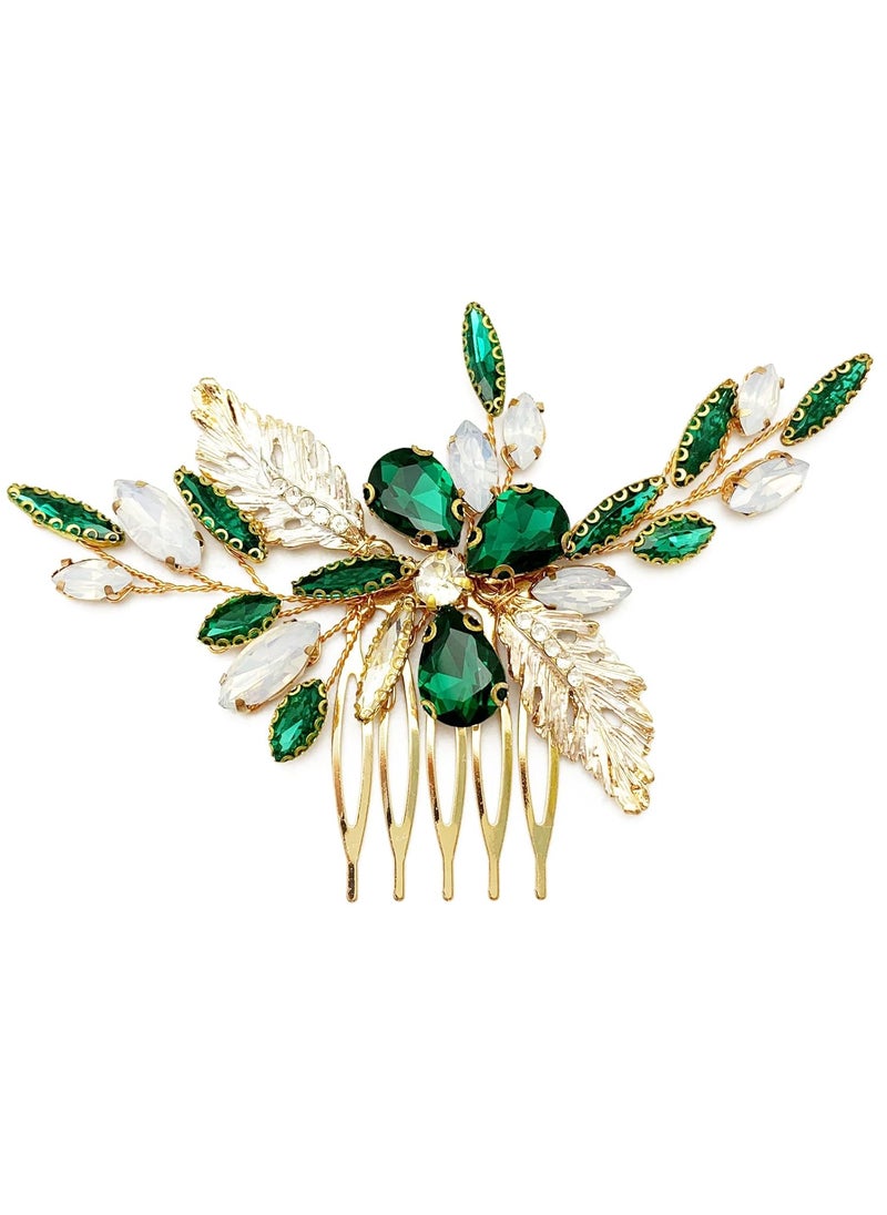 BETITETO BETITETO Green Bridal Side Comb Crystal Leaf Wedding Small Hair Piece Accessories for Women Girls Party Emerald Green 