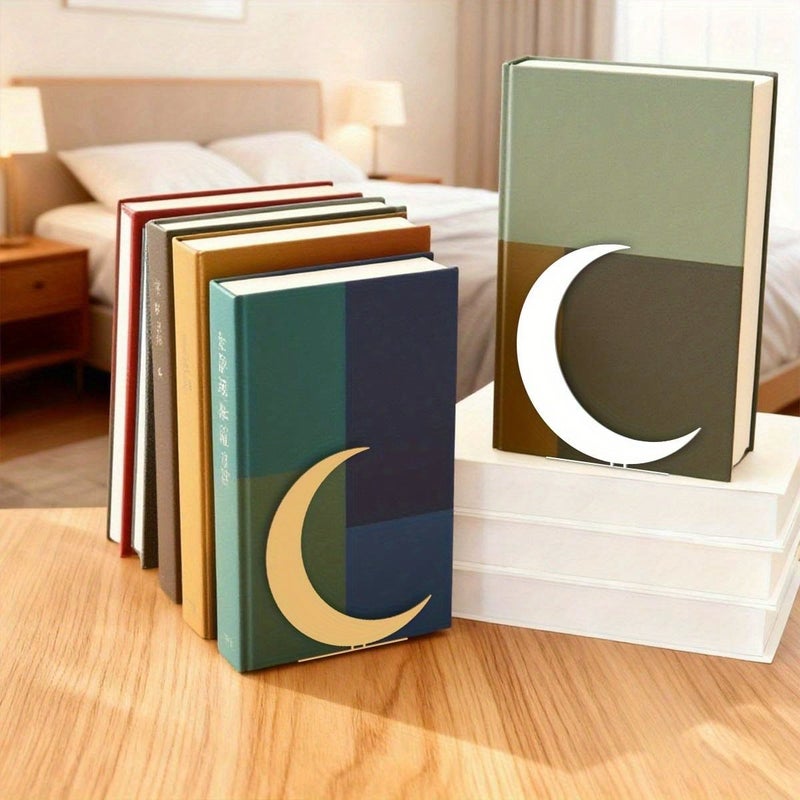 A Pair of Golden and White Moon Metal Bookends Decorative Accents for Home and Office Bookshelves Perfect for Libraries and Study Rooms They Organize Desktops and Enhance Book Displays Style X251373 - Image 1
