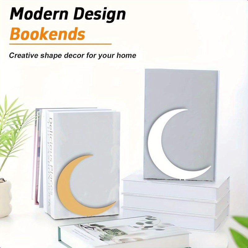 A Pair of Golden and White Moon Metal Bookends Decorative Accents for Home and Office Bookshelves Perfect for Libraries and Study Rooms They Organize Desktops and Enhance Book Displays Style X251373 - Image 2