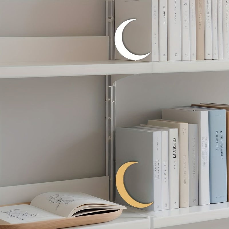 A Pair of Golden and White Moon Metal Bookends Decorative Accents for Home and Office Bookshelves Perfect for Libraries and Study Rooms They Organize Desktops and Enhance Book Displays Style X251373 - Image 4