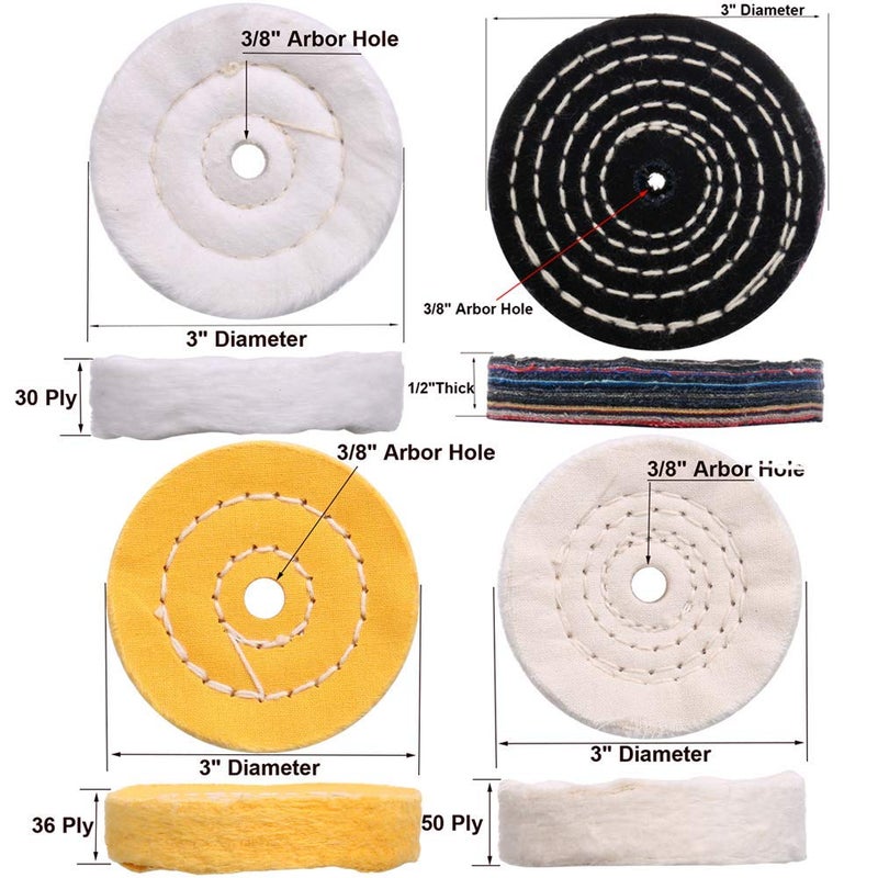 SCOTTCHEN 3" Buffing Polishing Wheels Soft(30Ply)/ Fine(50Ply)/ Medium(36Ply)/ Coarse 1/2" Thick/Rough 1/2" Thick 3/8" Arbor Hole with 2sets 1/4" Shank for Drill - 5Pack - Image 2