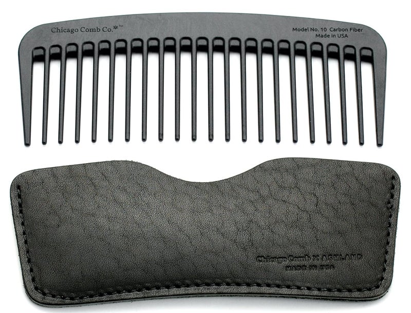 Chicago Comb Model 10 Carbon Fiber  Black Horween Leather Sheath Wide Tooth Made in USA
