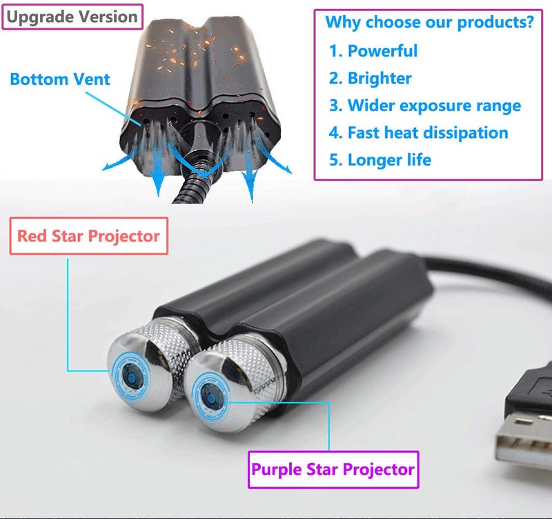 LEDCARE USB Night Light Star Projector, LEDCARE 2 in 1 Interior Car Roof Lights, Adjustable Romantic Portable USB Ceiling Star Projector Decorations for Car, Ceiling, Bedroom, Red/Violet Blue - Image 2