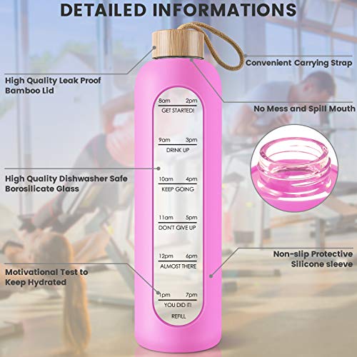PROBTTL 32 Oz Borosilicate Glass Water Bottle with Time Marker Reminder Quotes, 1 Liter Leak Proof Reusable BPA Free Motivational Water Bottles with Silicone Sleeve and Bamboo Lid (Fuchsia) - Image 3