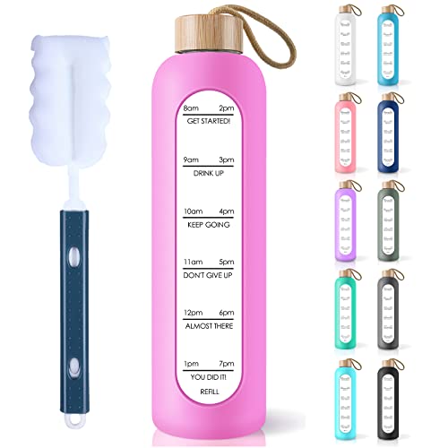 PROBTTL 32 Oz Borosilicate Glass Water Bottle with Time Marker Reminder Quotes, 1 Liter Leak Proof Reusable BPA Free Motivational Water Bottles with Silicone Sleeve and Bamboo Lid (Fuchsia) - Image 1