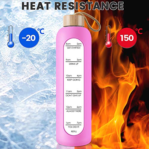 PROBTTL 32 Oz Borosilicate Glass Water Bottle with Time Marker Reminder Quotes, 1 Liter Leak Proof Reusable BPA Free Motivational Water Bottles with Silicone Sleeve and Bamboo Lid (Fuchsia) - Image 5