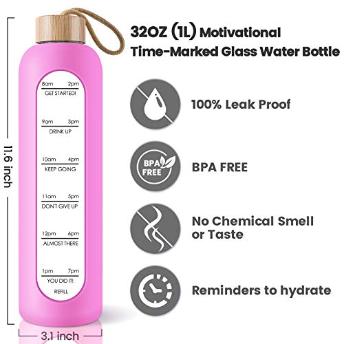 PROBTTL 32 Oz Borosilicate Glass Water Bottle with Time Marker Reminder Quotes, 1 Liter Leak Proof Reusable BPA Free Motivational Water Bottles with Silicone Sleeve and Bamboo Lid (Fuchsia) - Image 2
