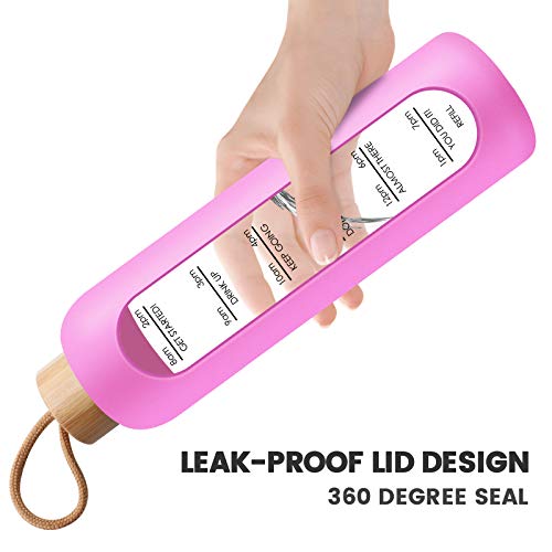 PROBTTL 32 Oz Borosilicate Glass Water Bottle with Time Marker Reminder Quotes, 1 Liter Leak Proof Reusable BPA Free Motivational Water Bottles with Silicone Sleeve and Bamboo Lid (Fuchsia) - Image 4