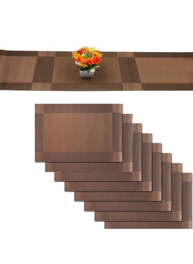 Ramkuwar Placemats with Compatible Table Runner Crossweave Insulation Placemat Washable Table Mats Runner and Placemat Set 8 Brown - Image 1