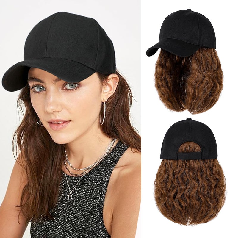 Lansigreen Hat Wig for Women Baseball Cap with Hair Extensions Adjustable Hat Attached 15 Short Curly Hairpieces Synthetic Wig Light Chestnut Brown