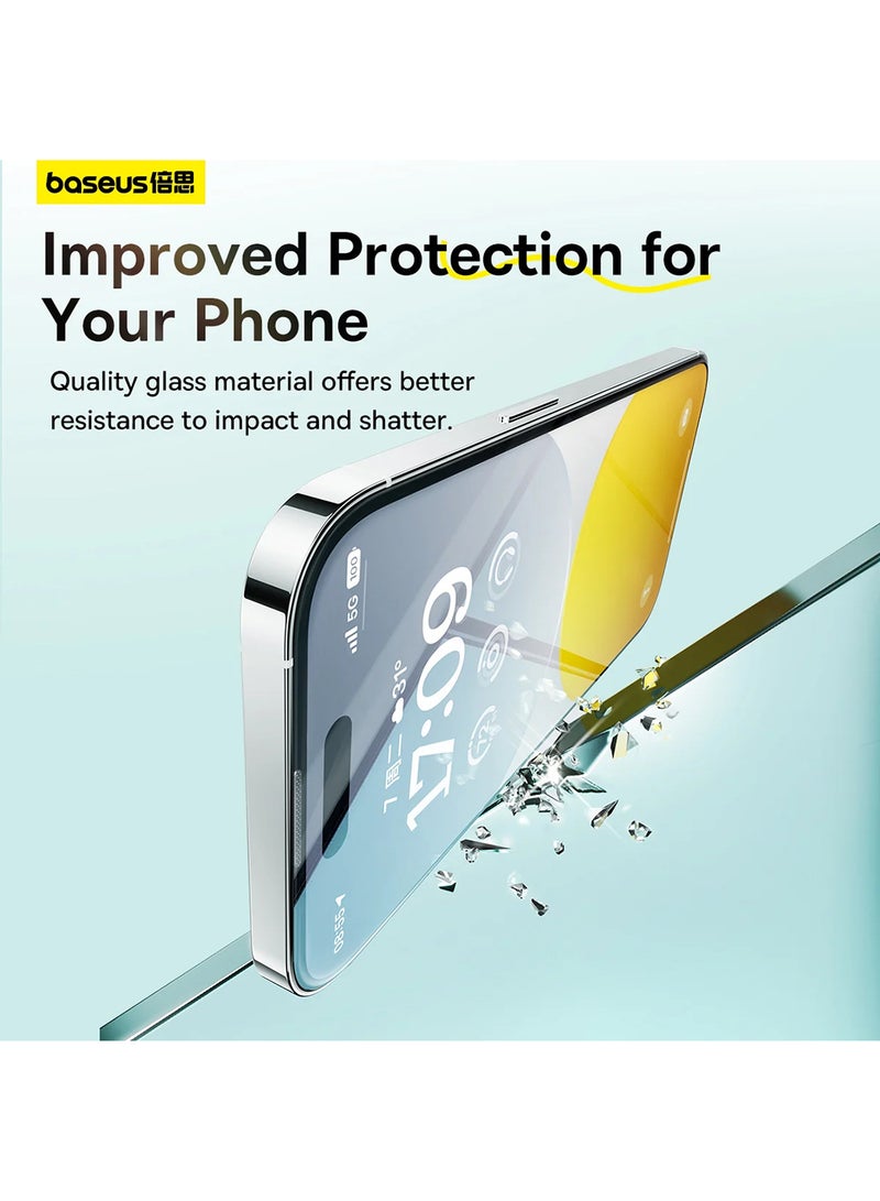 بيسوس واقي شاشة زجاجي مقوى عالي الدقة من سلسلة Sapphire (مع فلتر غبار مدمج) لهاتف iPhone 15/16 (عبوة من قطعة واحدة، مع مجموعة تنظيف وأداة تثبيت مقاومة للغبار) - Image 3