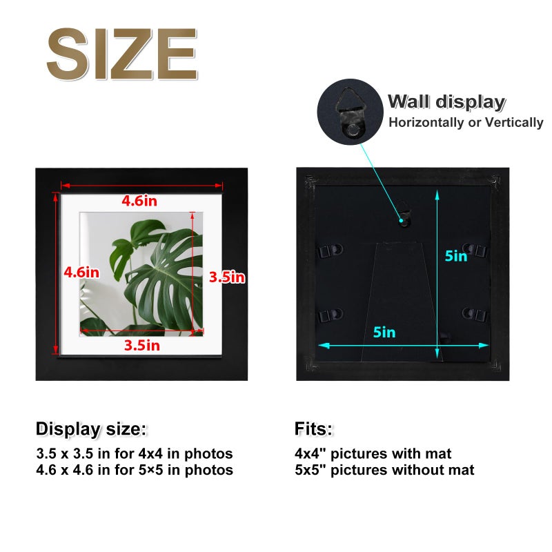Egofine Egofine 5x5 Picture Frames Made of Solid Wood Covered by Plexiglass Display 4x4 with Mat or 5x5 without Mat  for Table Top Display and Wall Mounting Photo Frame  Black  - Image 3