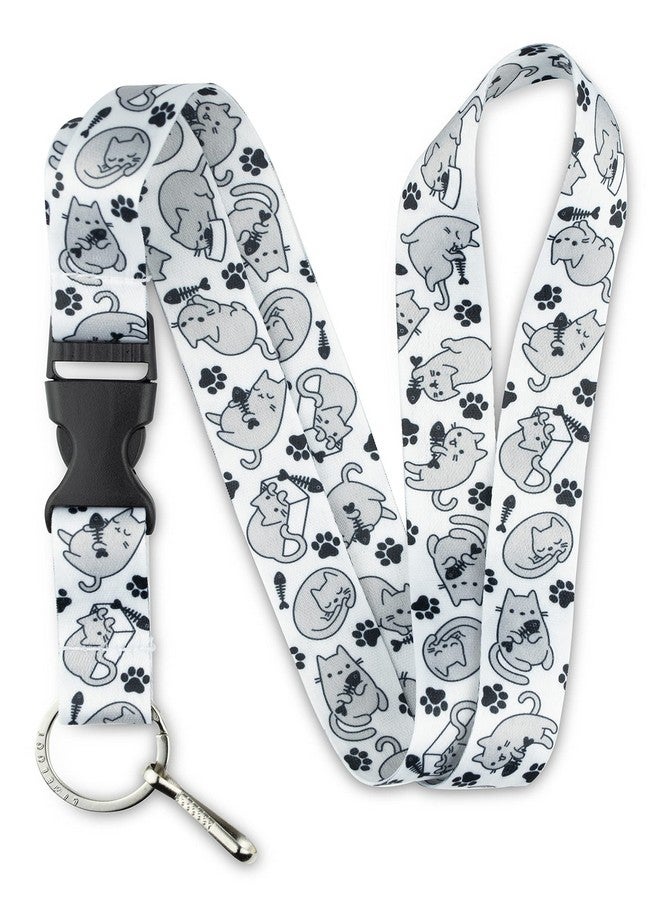 Limeloot Grey White Cat Lanyard for ID Badges, Keys, and Accessories - Paws and Fishbones Design with Release Buckle and Key Chain Holder - Image 1