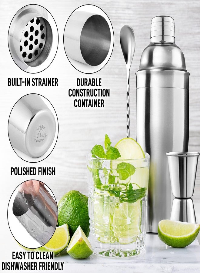 Zulay Kitchen 24oz Stainless Steel Cocktail Shaker Set - Professional Martini & Margarita Shaker with Built-in Strainer, Double-Sided Jigger, Muddler & Mixing Spoon - Bartender Kit for Mixed Drinks - Image 3