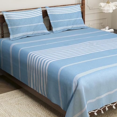 Värde Bedsheet King Size Cotton with 2 Pillow Covers | 210 TC Bedsheet | Flat Sheets | Handloom Bedsheets | Warm Double Bedsheet for Winter | Size 90 X 100 Inches, 7.5 X 8.3 Feet (Sky Blue, King) - Image 1