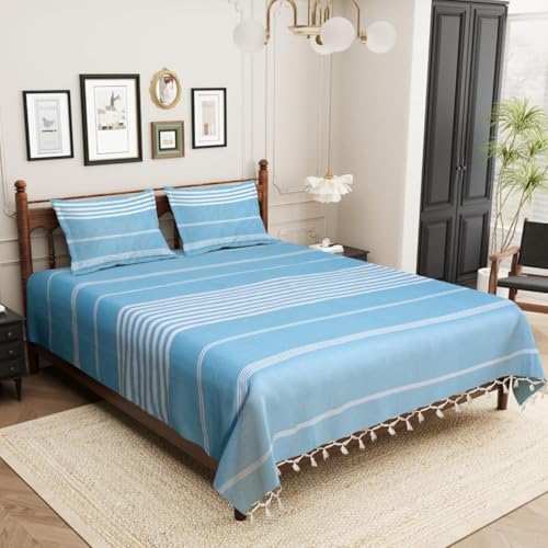 Värde Bedsheet King Size Cotton with 2 Pillow Covers | 210 TC Bedsheet | Flat Sheets | Handloom Bedsheets | Warm Double Bedsheet for Winter | Size 90 X 100 Inches, 7.5 X 8.3 Feet (Sky Blue, King) - Image 3