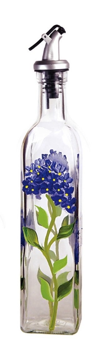 Grant Howard Hand Painted Square Cruet with Pourer Blue Hydrangeas 16 oz Blue