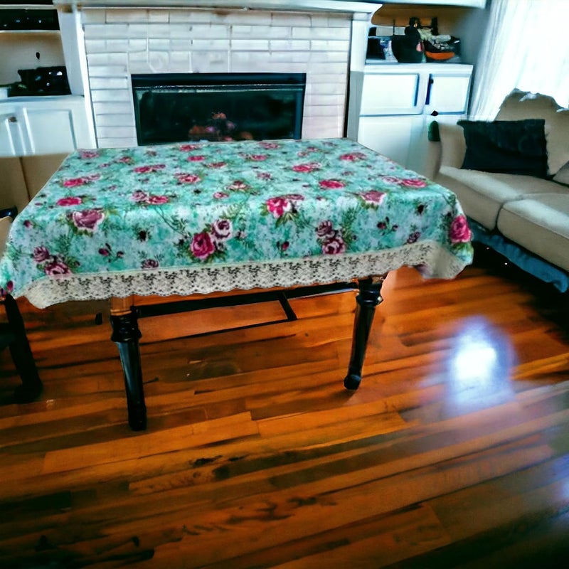 Kashtu Vatika Marble Rose Printed Flower Design Thick Polyster Waterproof 6 Seater Centre Table Cover with Leather Touch and White Lace for Size 60X90 inches Width x Length 60X90 Sea Green Rose  - Image 3