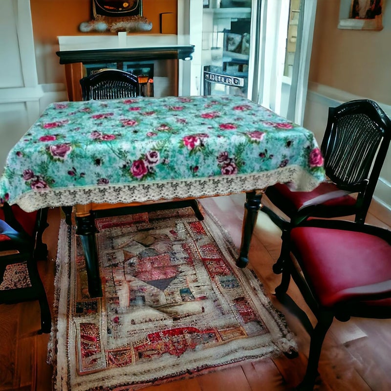 Kashtu Vatika Marble Rose Printed Flower Design Thick Polyster Waterproof 6 Seater Centre Table Cover with Leather Touch and White Lace for Size 60X90 inches Width x Length 60X90 Sea Green Rose  - Image 2