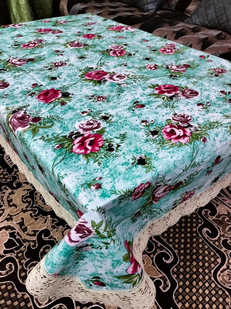 Kashtu Vatika Marble Rose Printed Flower Design Thick Polyster Waterproof 6 Seater Centre Table Cover with Leather Touch and White Lace for Size 60X90 inches Width x Length 60X90 Sea Green Rose  - Image 4