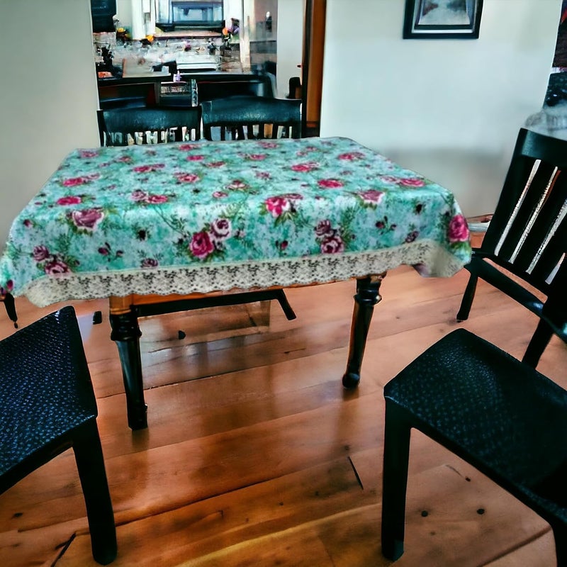 Kashtu Vatika Marble Rose Printed Flower Design Thick Polyster Waterproof 6 Seater Centre Table Cover with Leather Touch and White Lace for Size 60X90 inches Width x Length 60X90 Sea Green Rose  - Image 1