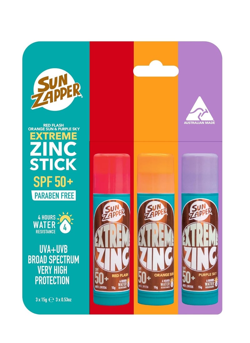 Sun Zapper - Sun Zapper Extreme Zinc Stick Triple Pack - Red, Orange, Purple SPF 50+ Water Resistant Sunscreen -15g Each - Image 1