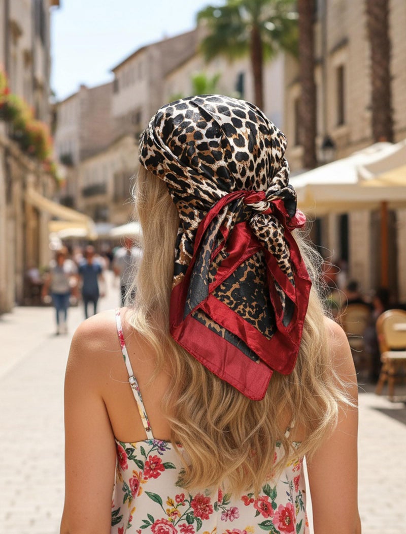 CHUNG Women Square Scarf Wrap 35â€ Satin Headscarf Emulation Silk Large Hair Bandanas Neck Scarves Accessories Patterned,SQ-RedLeopard - Image 4