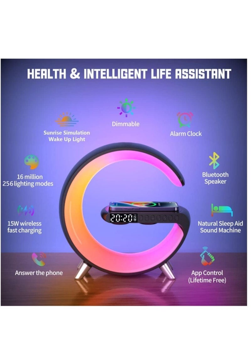 ELTRAZONE - Wireless Charger Atmosphere Lamp, Portable LED Bluetooth Speaker Wireless Charger with Desk Lamp Bedside RGB Night Light, App Control Mini Music Lamp Digital Alarm Clock Speaker - Image 1