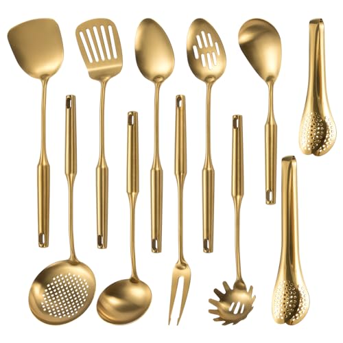 304 Stainlss Steel Matte Kitchen Utensils Set 11 Pcs Long Metal Cooking Utensil Gadgets Tools Set with Spatula Spoon Ladle Skimmer Tunner Pasta Server TongsGold Dishwasher Safe